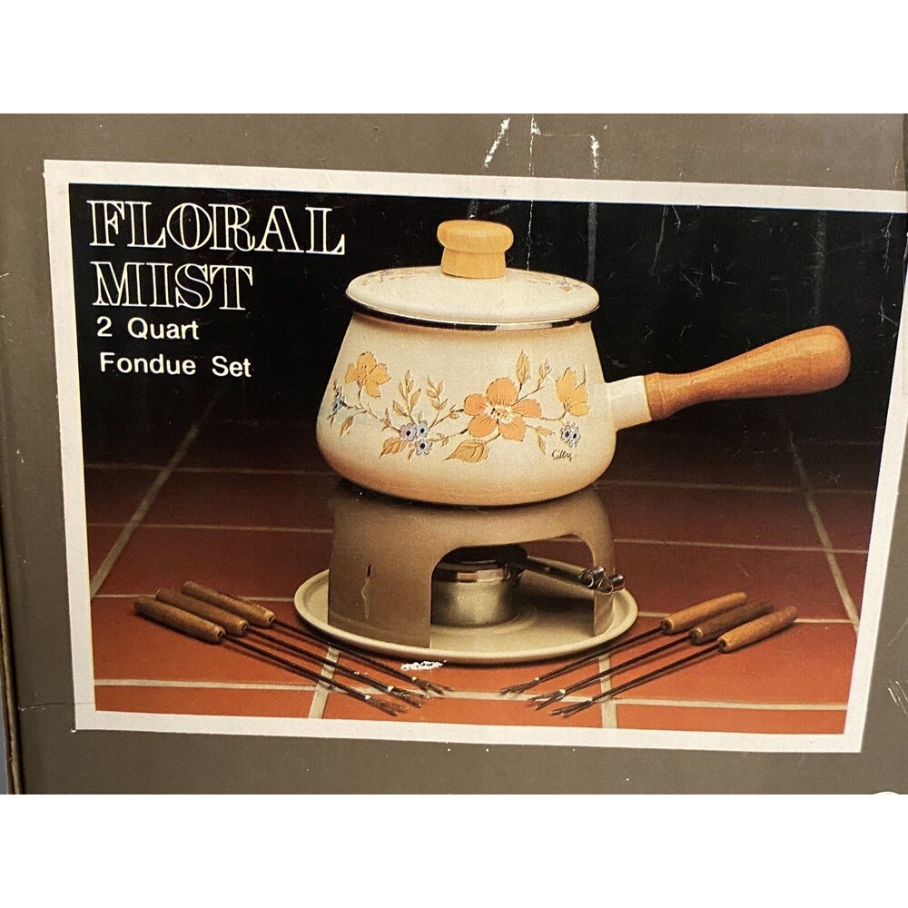 Vtg Coordinates Fondue Pot “Floral Mist” 1984 Enamel & Wood *New Open Box